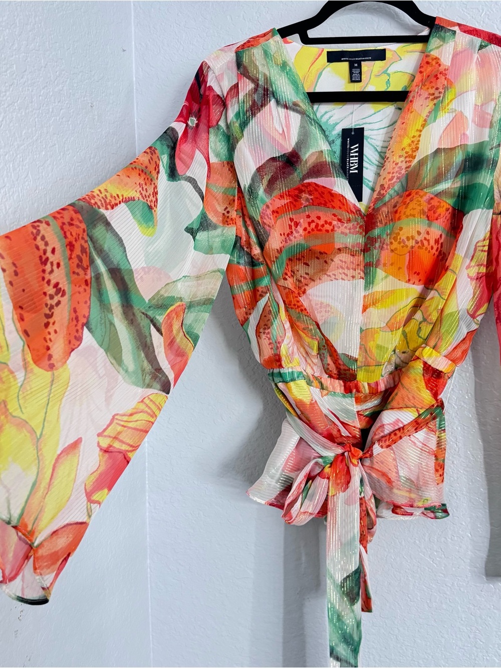 White House Black Market V-Neck Sheer Floral Top - Orange, Green, Red, Cream - Picture 6 of 12